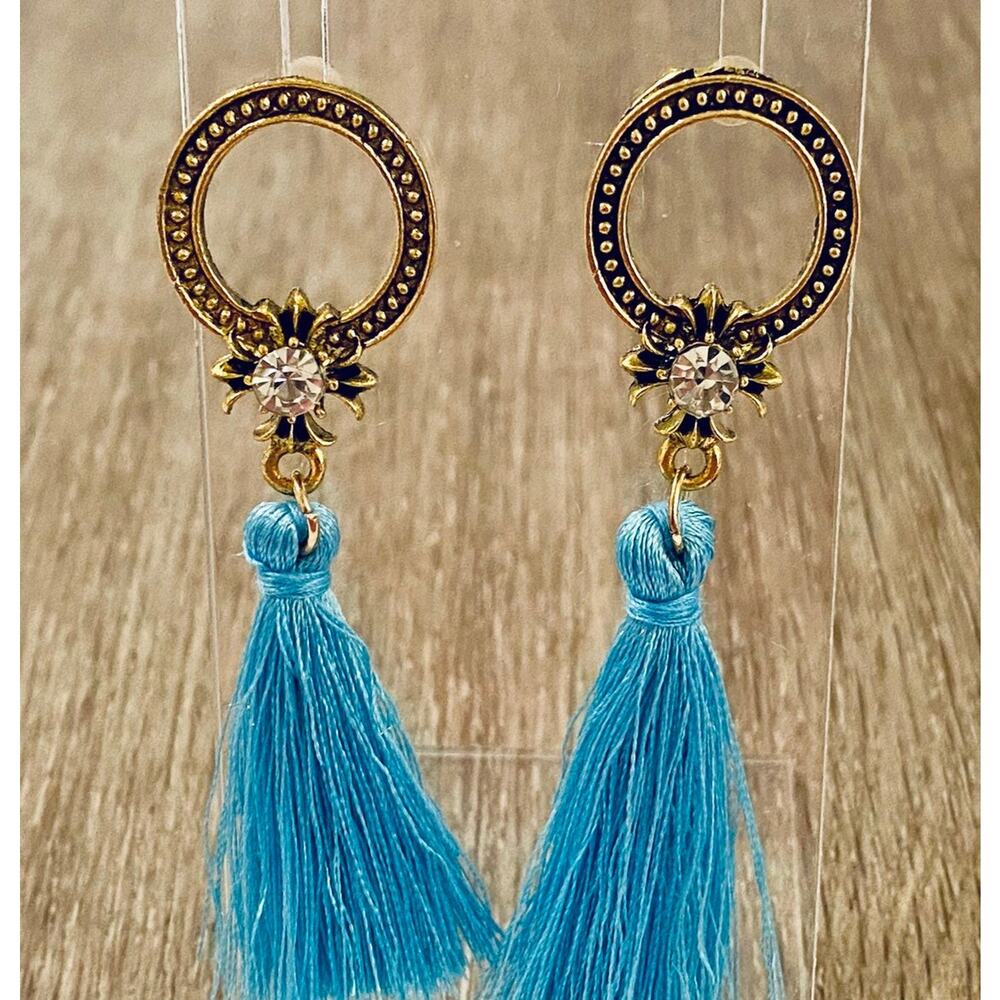 Antique Gold Rhinestone Tassel Earrings
